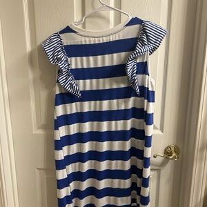 Blue and White Striped Dress with Ruffle Sleeves